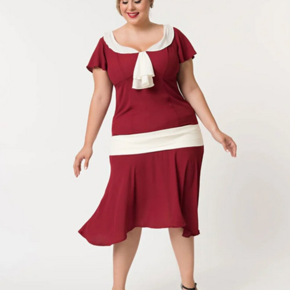 Unique Vintage 1920s Burgundy Flapper Day Dress – 1X/16